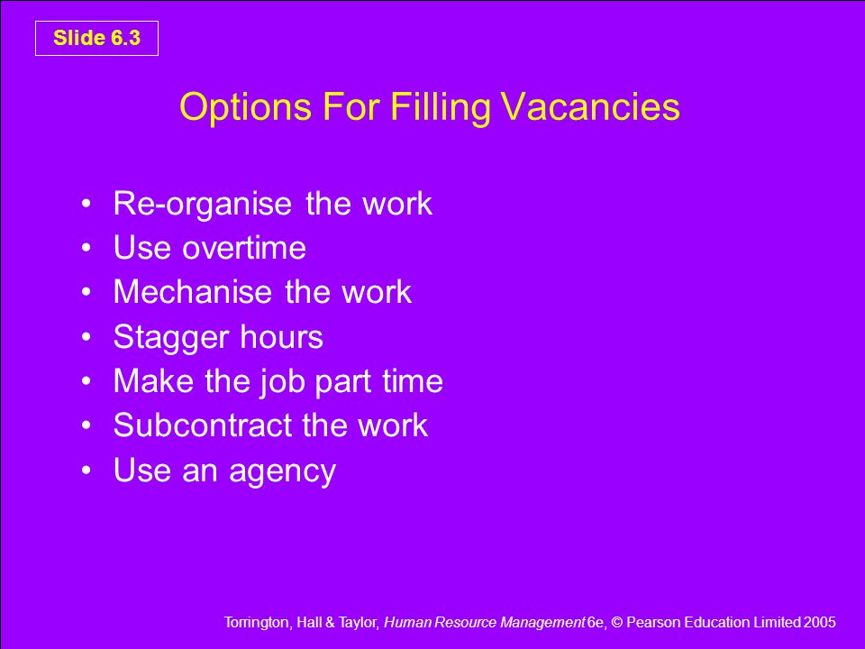 Torrington, Hall & Taylor, Human Resource Management 6e, © Pearson Education Limited 2005 Slide 6.3 Options For Filling Vacancies Re-organise the work Use overtime Mechanise the work Stagger hours Make the job part time Subcontract the work Use an agency