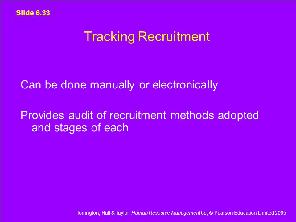 Torrington, Hall & Taylor, Human Resource Management 6e, © Pearson Education Limited 2005 Slide 6.33 Tracking Recruitment Can be done manually or electronically Provides audit of recruitment methods adopted and stages of each
