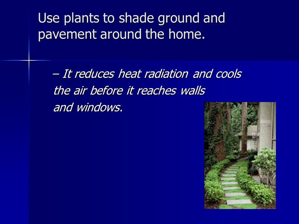 Use plants to shade ground and pavement around the home.