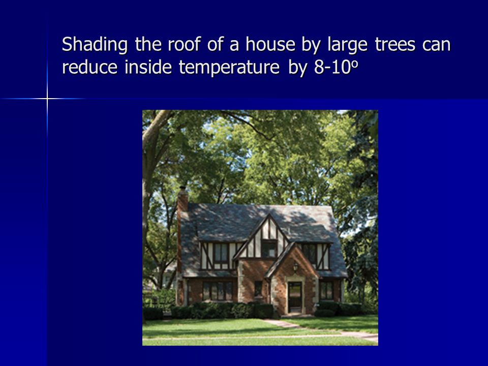 Shading the roof of a house by large trees can reduce inside temperature by 8-10 o