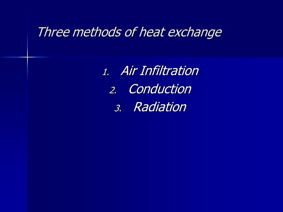 Three methods of heat exchange 1. Air Infiltration 2. Conduction 3. Radiation