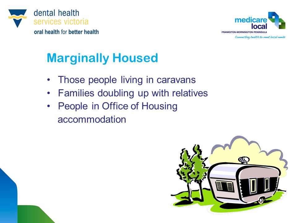 Marginally Housed Those people living in caravans Families doubling up with relatives People in Office of Housing accommodation
