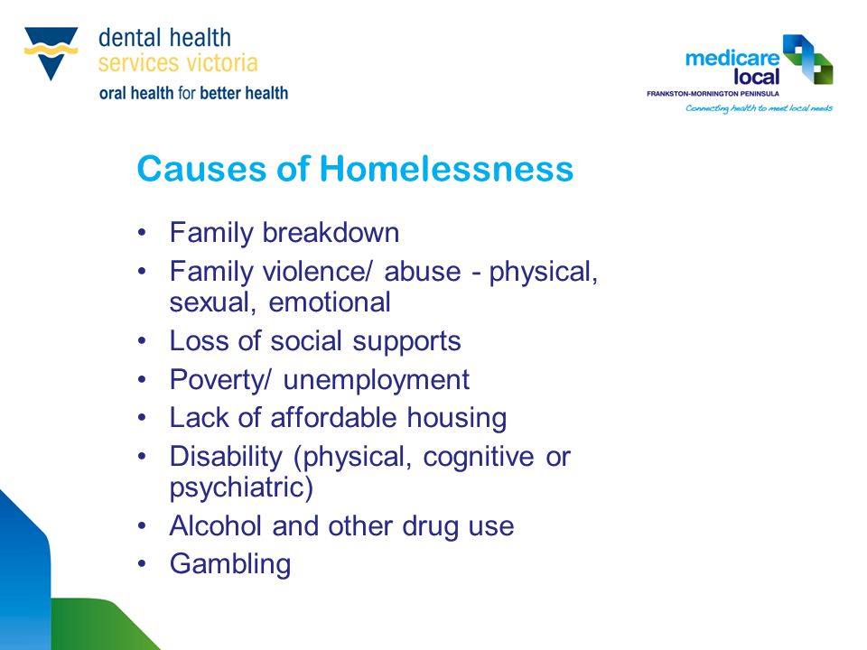 Causes of Homelessness Family breakdown Family violence/ abuse - physical, sexual, emotional Loss of social supports Poverty/ unemployment Lack of affordable housing Disability (physical, cognitive or psychiatric) Alcohol and other drug use Gambling