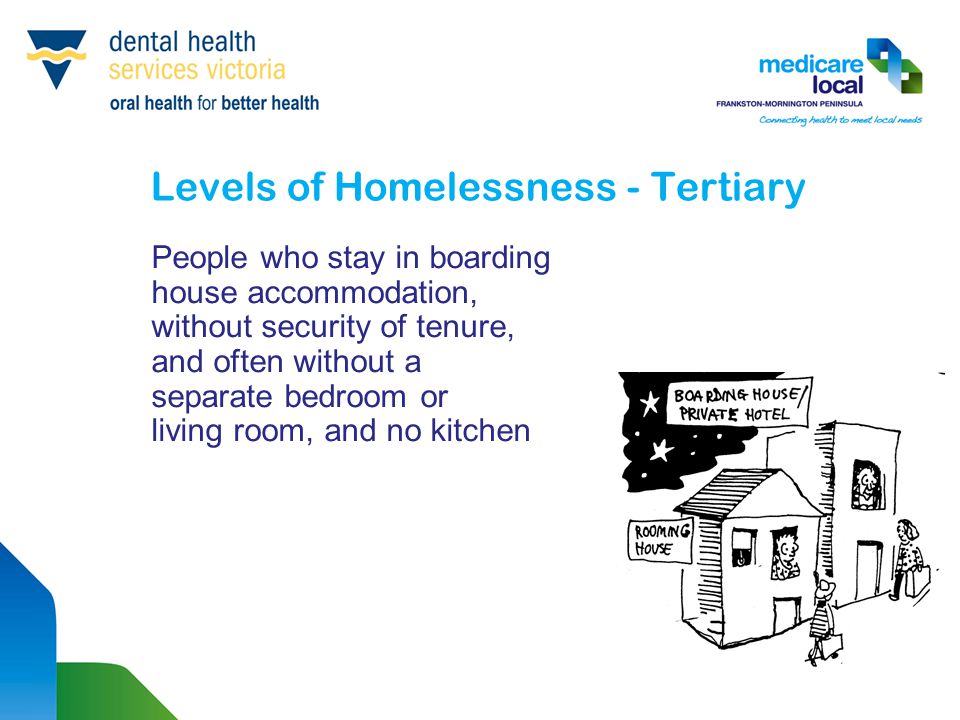 Levels of Homelessness - Tertiary People who stay in boarding house accommodation, without security of tenure, and often without a separate bedroom or living room, and no kitchen
