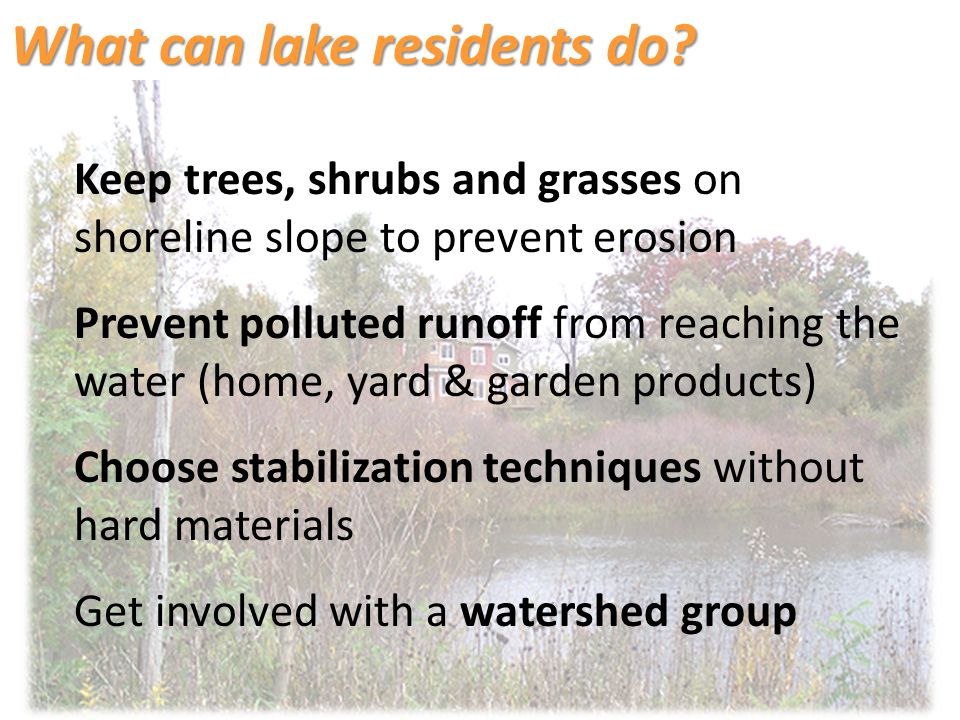 Keep trees, shrubs and grasses on shoreline slope to prevent erosion Prevent polluted runoff from reaching the water (home, yard & garden products) Choose stabilization techniques without hard materials Get involved with a watershed group What can lake residents do