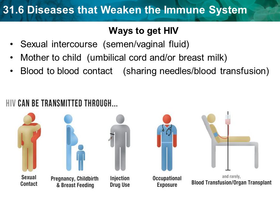 31.6 Diseases that Weaken the Immune System Ways to get HIV Sexual intercourse (semen/vaginal fluid) Mother to child (umbilical cord and/or breast milk) Blood to blood contact (sharing needles/blood transfusion)