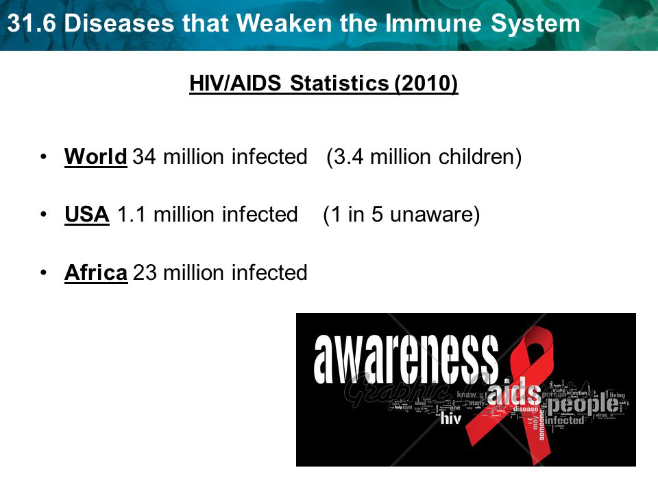 31.6 Diseases that Weaken the Immune System HIV/AIDS Statistics (2010) World 34 million infected (3.4 million children) USA 1.1 million infected (1 in 5 unaware) Africa 23 million infected