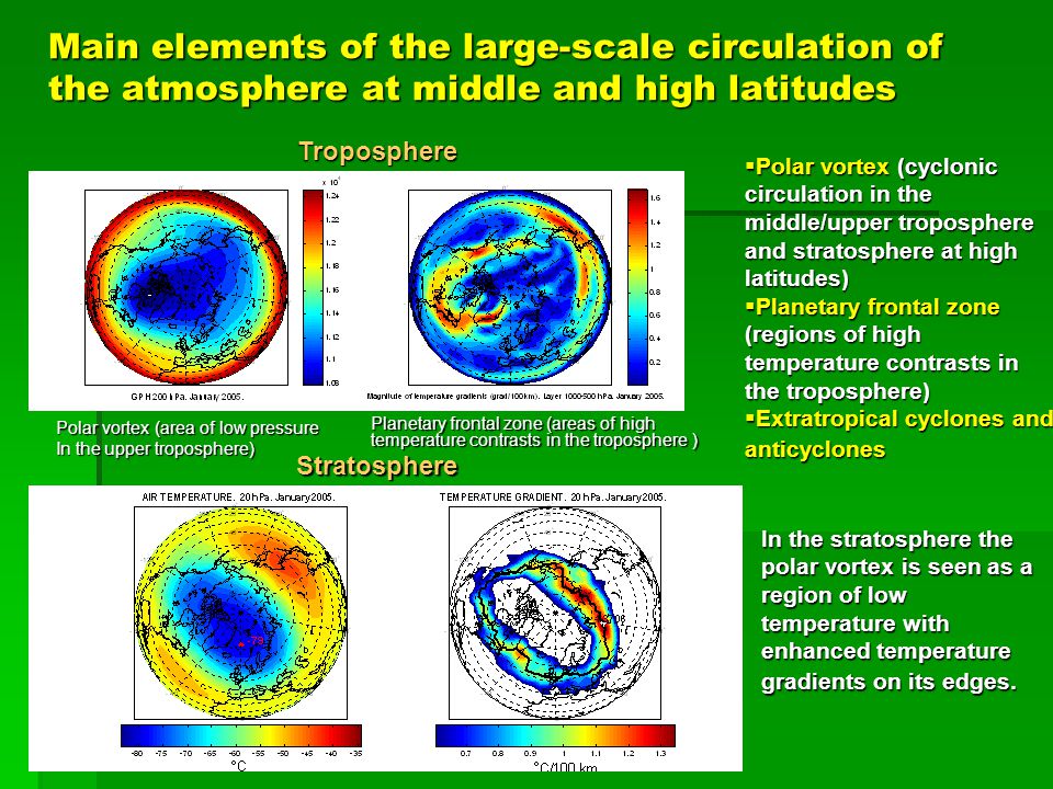 Main elements of the large-scale circulation of the atmosphere at middle and high latitudes  Polar vortex (cyclonic circulation in the middle/upper troposphere and stratosphere at high latitudes)  Planetary frontal zone (regions of high temperature contrasts in the troposphere)  Extratropical cyclones and anticyclones Planetary frontal zone (areas of high temperature contrasts in the troposphere ) Polar vortex (area of low pressure In the upper troposphere) Stratosphere Troposphere In the stratosphere the polar vortex is seen as a region of low temperature with enhanced temperature gradients on its edges.