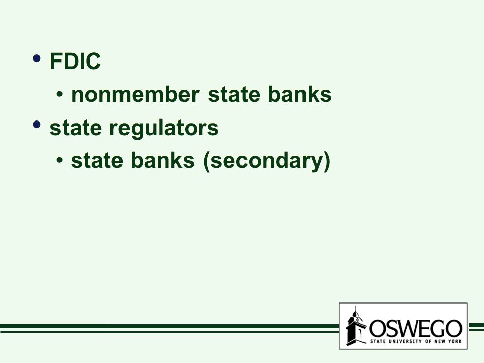 FDIC nonmember state banks state regulators state banks (secondary) FDIC nonmember state banks state regulators state banks (secondary)