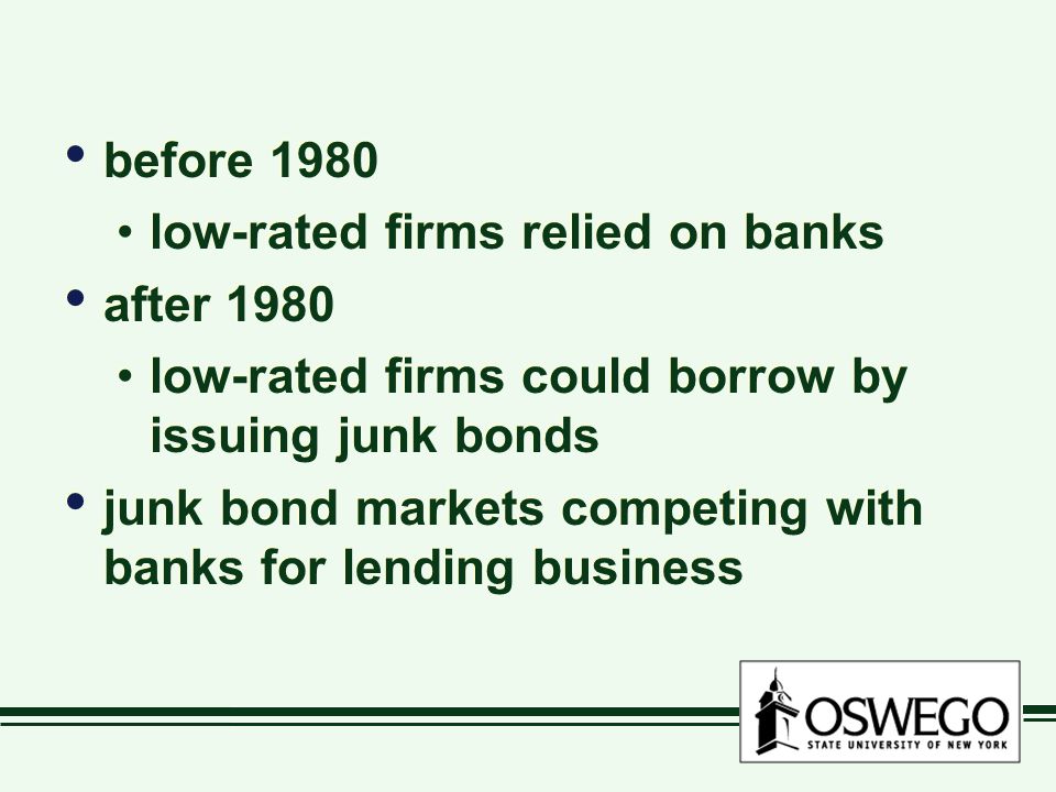 before 1980 low-rated firms relied on banks after 1980 low-rated firms could borrow by issuing junk bonds junk bond markets competing with banks for lending business before 1980 low-rated firms relied on banks after 1980 low-rated firms could borrow by issuing junk bonds junk bond markets competing with banks for lending business