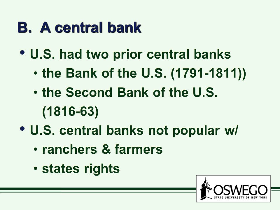 B. A central bank U.S. had two prior central banks the Bank of the U.S.