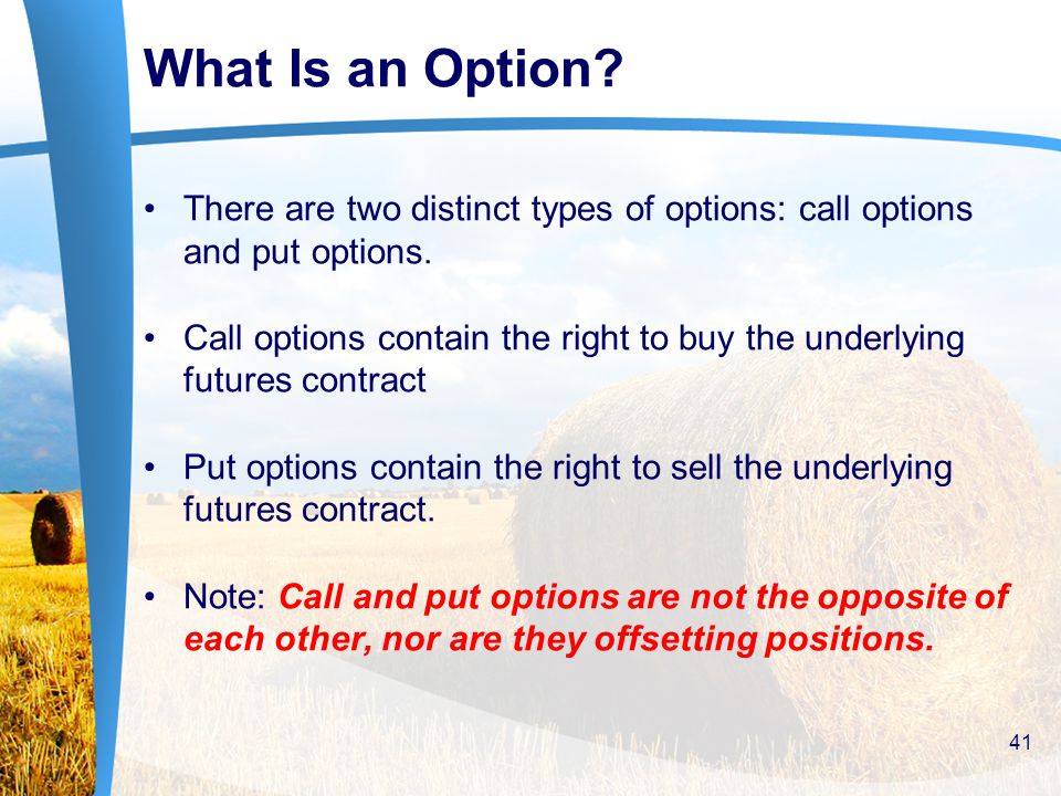 What Is an Option. There are two distinct types of options: call options and put options.