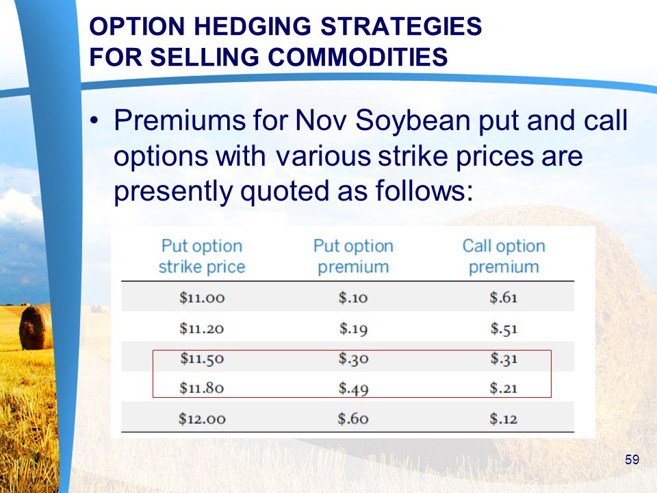 OPTION HEDGING STRATEGIES FOR SELLING COMMODITIES Premiums for Nov Soybean put and call options with various strike prices are presently quoted as follows: 59