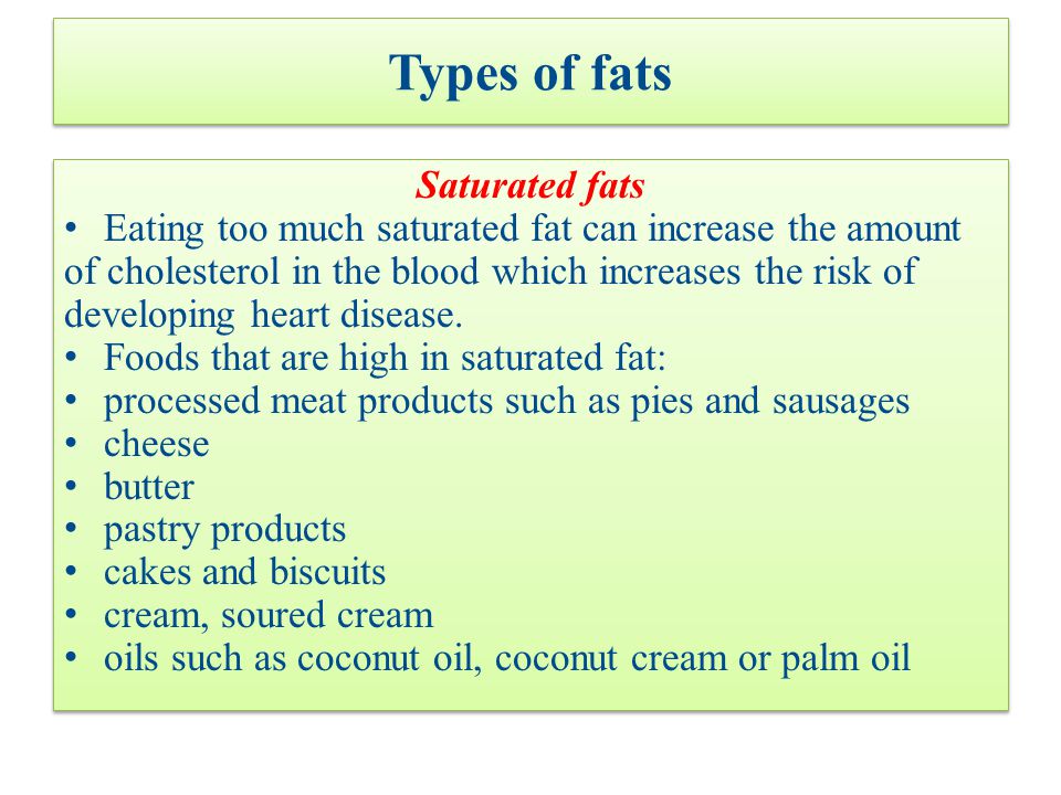 Types of fats Saturated fats Eating too much saturated fat can increase the amount of cholesterol in the blood which increases the risk of developing heart disease.