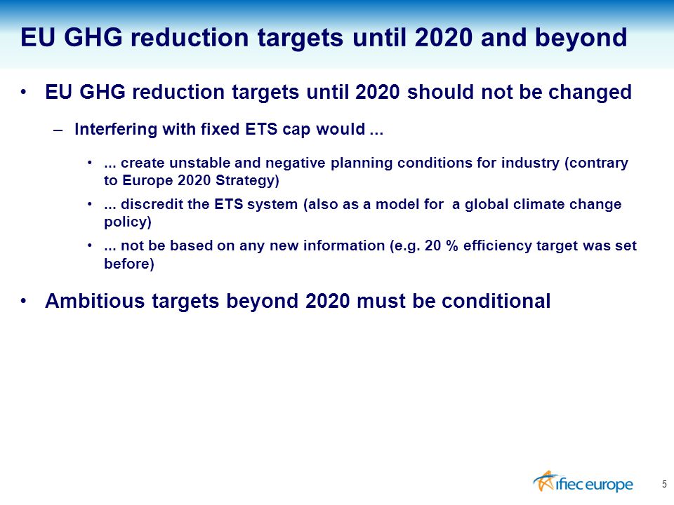 5 EU GHG reduction targets until 2020 and beyond EU GHG reduction targets until 2020 should not be changed –Interfering with fixed ETS cap would......