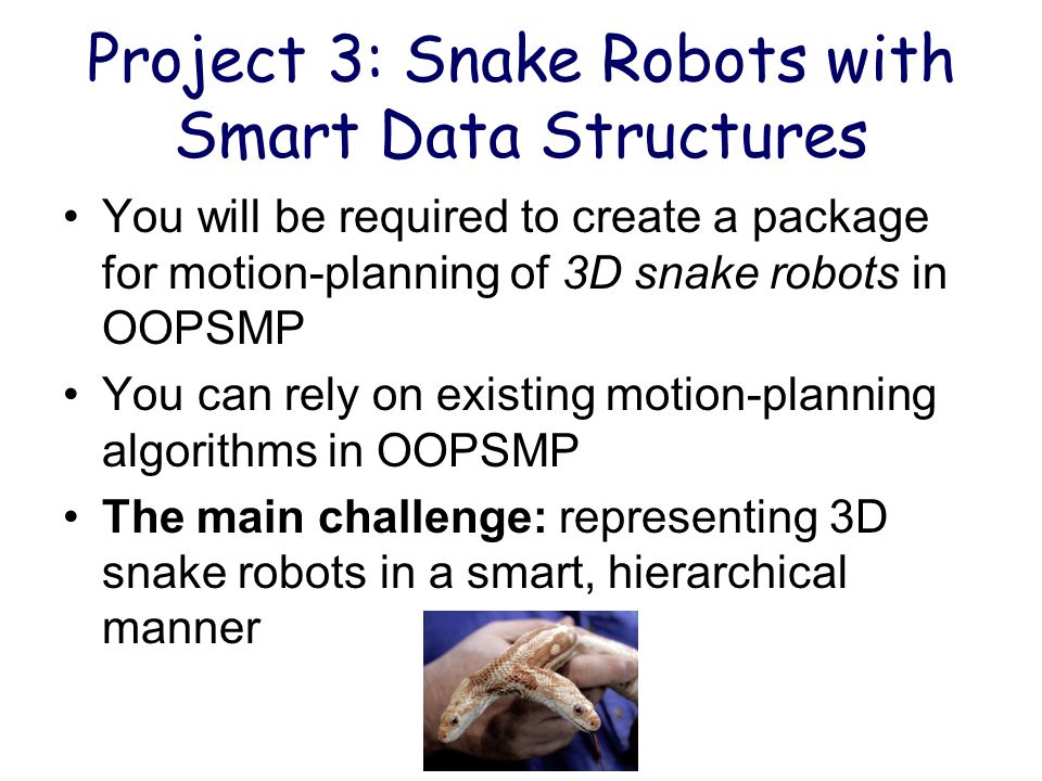 Project 3: Snake Robots with Smart Data Structures You will be required to create a package for motion-planning of 3D snake robots in OOPSMP You can rely on existing motion-planning algorithms in OOPSMP The main challenge: representing 3D snake robots in a smart, hierarchical manner