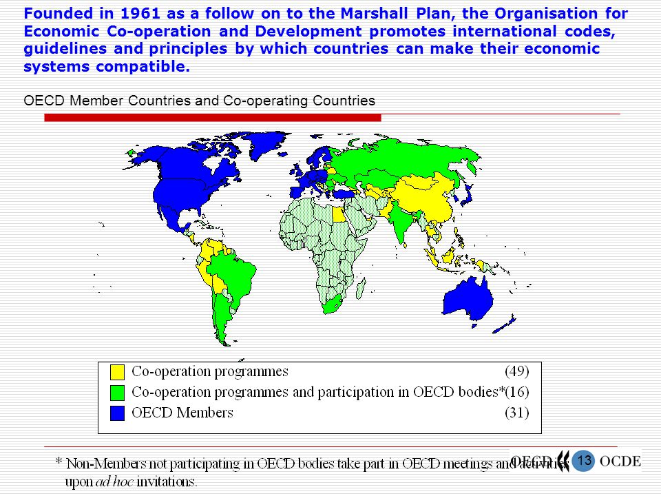 13 Founded in 1961 as a follow on to the Marshall Plan, the Organisation for Economic Co-operation and Development promotes international codes, guidelines and principles by which countries can make their economic systems compatible.