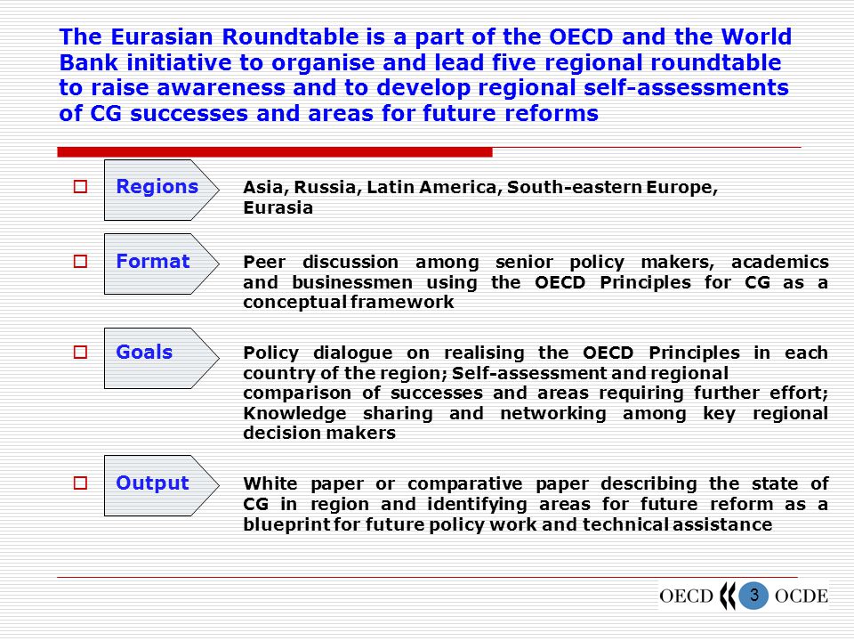 3 The Eurasian Roundtable is a part of the OECD and the World Bank initiative to organise and lead five regional roundtable to raise awareness and to develop regional self-assessments of CG successes and areas for future reforms  Regions Asia, Russia, Latin America, South-eastern Europe, Eurasia  Format Peer discussion among senior policy makers, academics and businessmen using the OECD Principles for CG as a conceptual framework  Goals Policy dialogue on realising the OECD Principles in each country of the region; Self-assessment and regional comparison of successes and areas requiring further effort; Knowledge sharing and networking among key regional decision makers  Output White paper or comparative paper describing the state of CG in region and identifying areas for future reform as a blueprint for future policy work and technical assistance