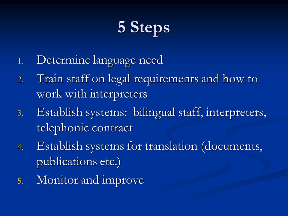 5 Steps 1. Determine language need 2.