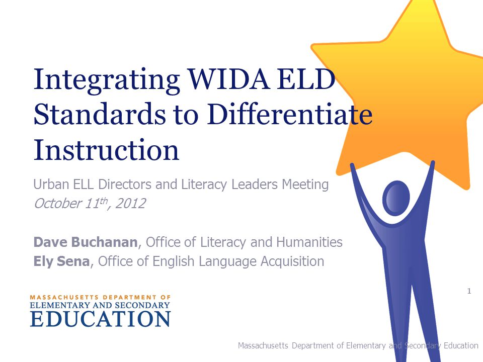 Integrating WIDA ELD Standards to Differentiate Instruction Urban ELL Directors and Literacy Leaders Meeting October 11 th, 2012 Dave Buchanan, Office of Literacy and Humanities Ely Sena, Office of English Language Acquisition Massachusetts Department of Elementary and Secondary Education 1