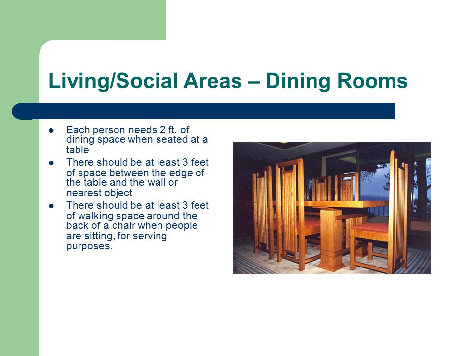 Living/Social Areas – Dining Rooms Each person needs 2 ft.