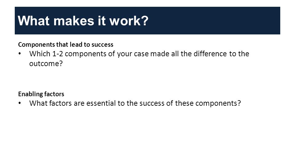 Components that lead to success Which 1-2 components of your case made all the difference to the outcome.