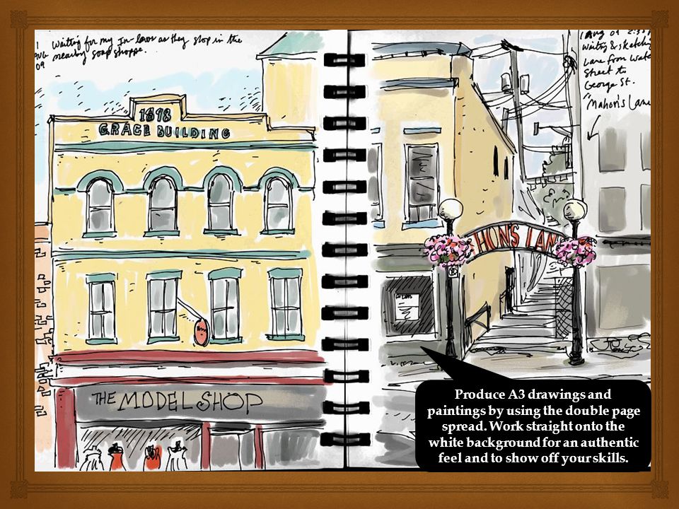 Produce A3 drawings and paintings by using the double page spread.