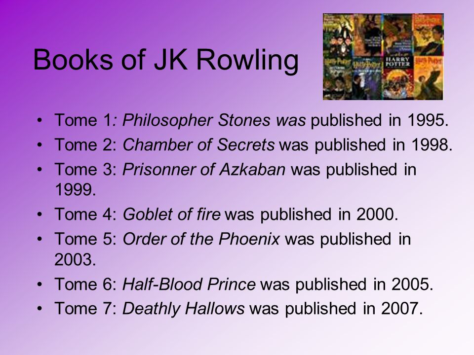 Books of JK Rowling Tome 1: Philosopher Stones was published in 1995.