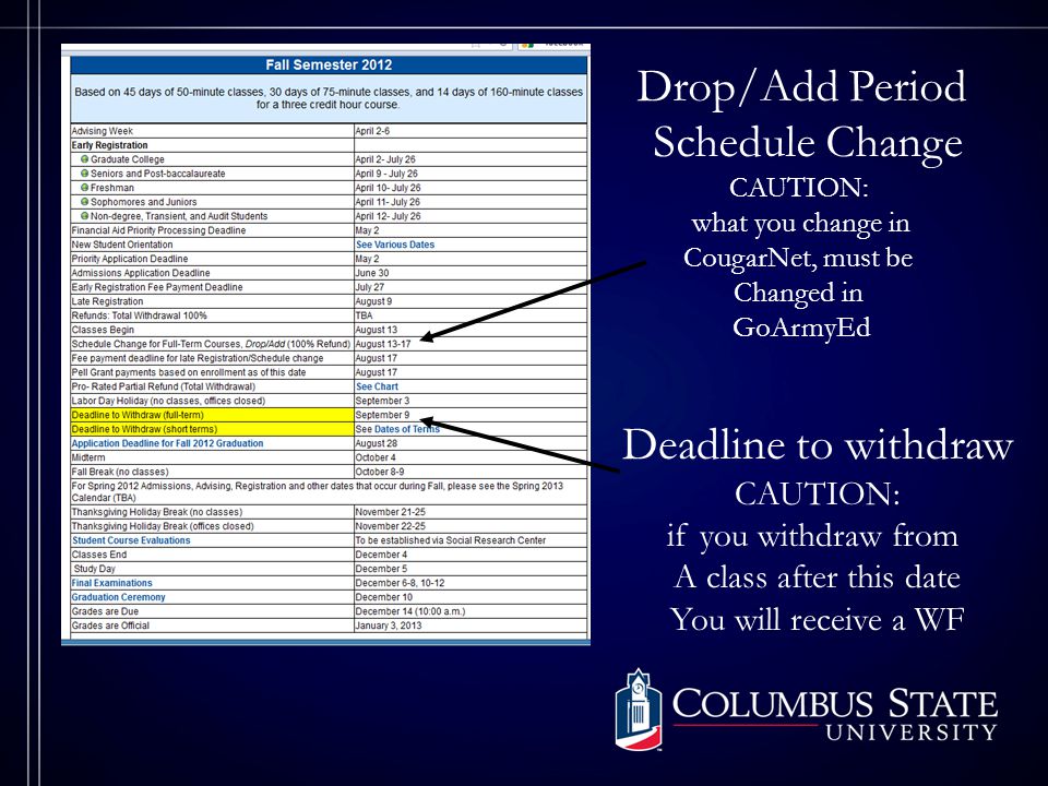 Deadline to withdraw CAUTION: if you withdraw from A class after this date You will receive a WF Drop/Add Period Schedule Change CAUTION: what you change in CougarNet, must be Changed in GoArmyEd
