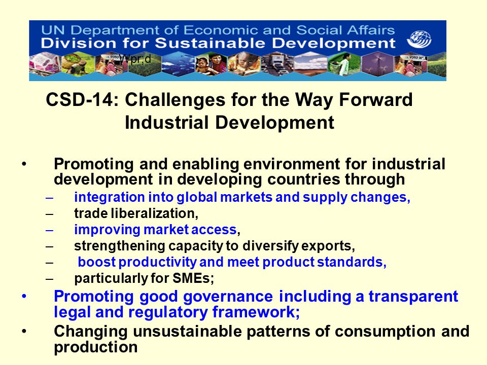 Promoting and enabling environment for industrial development in developing countries through –integration into global markets and supply changes, –trade liberalization, –improving market access, –strengthening capacity to diversify exports, – boost productivity and meet product standards, –particularly for SMEs; Promoting good governance including a transparent legal and regulatory framework; Changing unsustainable patterns of consumption and production CSD-14: Challenges for the Way Forward Industrial Development Wpr;d