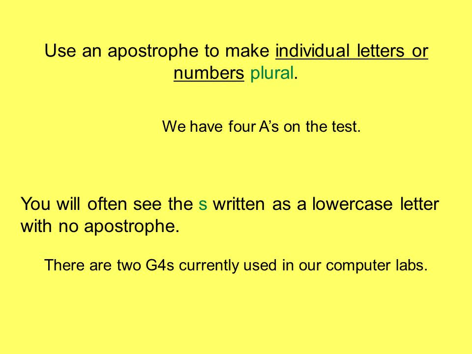 Use an apostrophe to make individual letters or numbers plural.