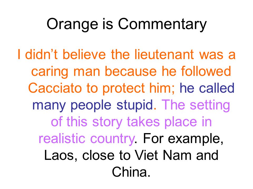 Orange is Commentary I didn’t believe the lieutenant was a caring man because he followed Cacciato to protect him; he called many people stupid.