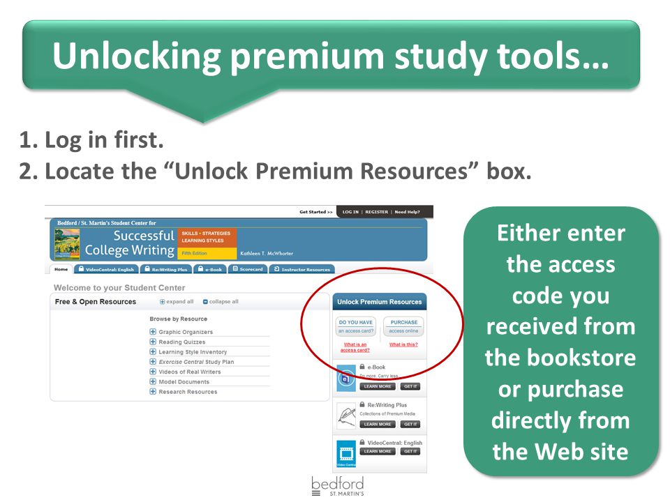 1. Log in first. 2. Locate the Unlock Premium Resources box.