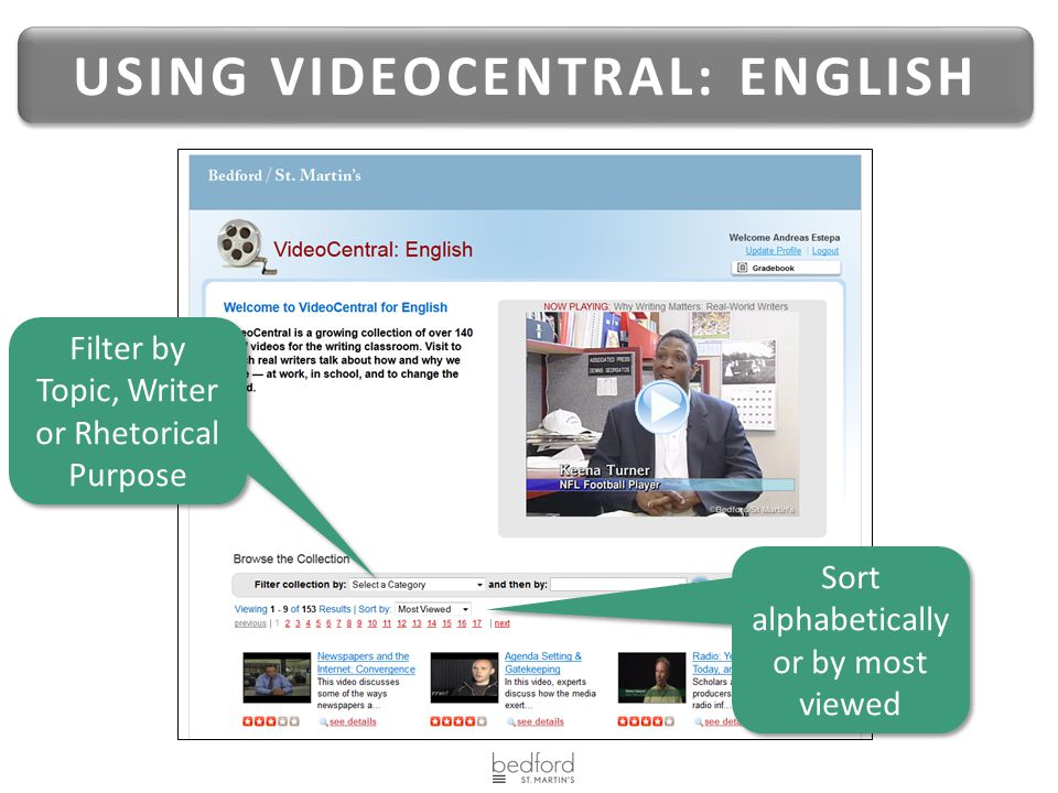USING VIDEOCENTRAL: ENGLISH Filter by Topic, Writer or Rhetorical Purpose Sort alphabetically or by most viewed