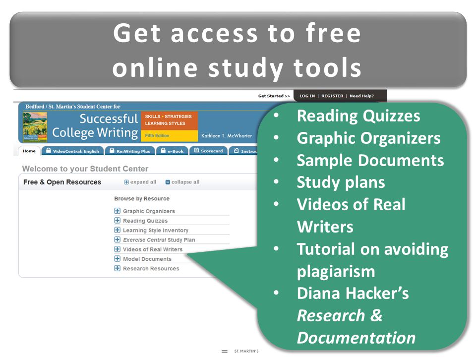 Get access to free online study tools Get access to free online study tools Reading Quizzes Graphic Organizers Sample Documents Study plans Videos of Real Writers Tutorial on avoiding plagiarism Diana Hacker’s Research & Documentation