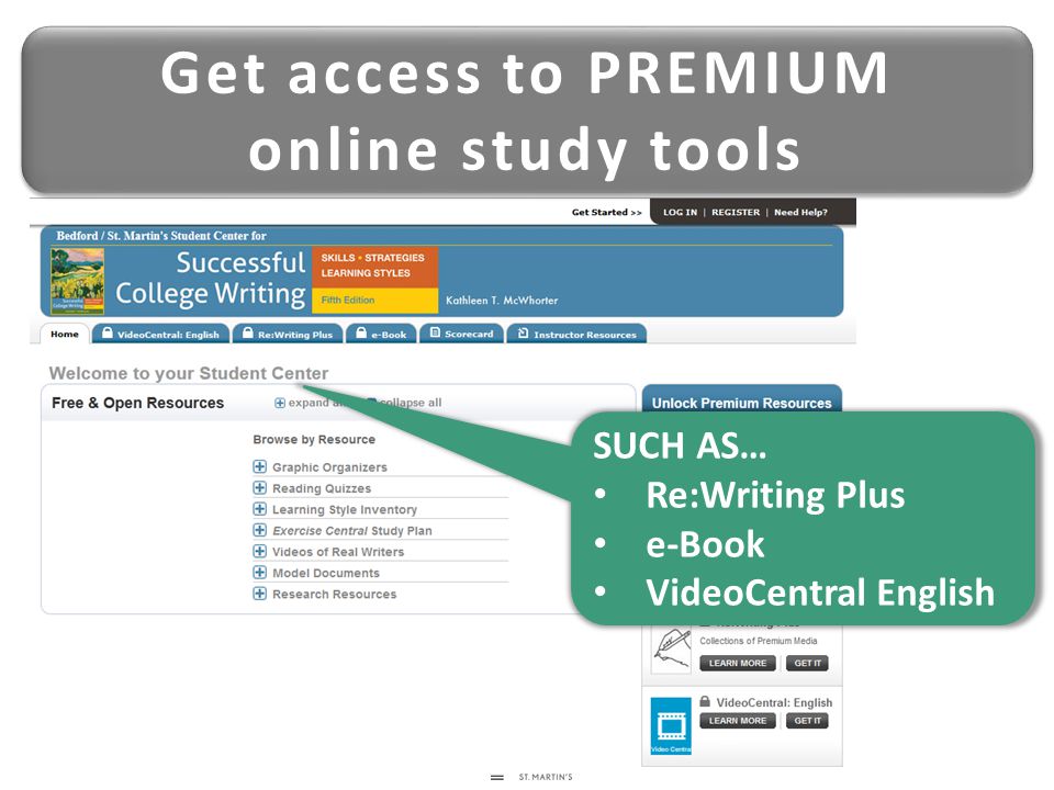 Get access to PREMIUM online study tools Get access to PREMIUM online study tools SUCH AS… Re:Writing Plus e-Book VideoCentral English