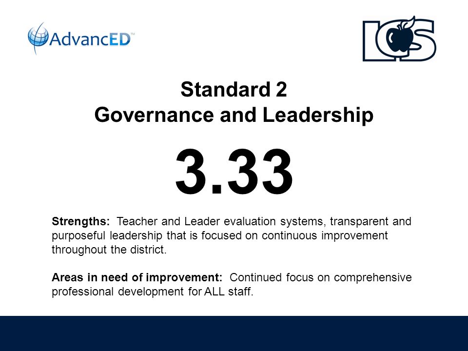 Standard 2 Governance and Leadership 3.33 Strengths: Teacher and Leader evaluation systems, transparent and purposeful leadership that is focused on continuous improvement throughout the district.