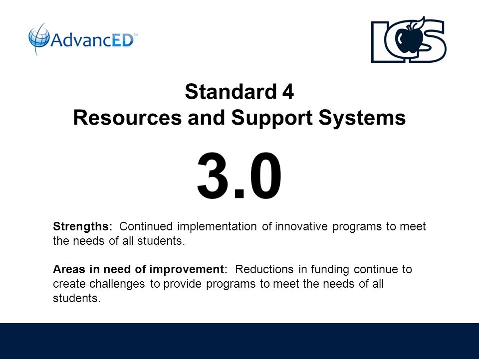 Standard 4 Resources and Support Systems 3.0 Strengths: Continued implementation of innovative programs to meet the needs of all students.