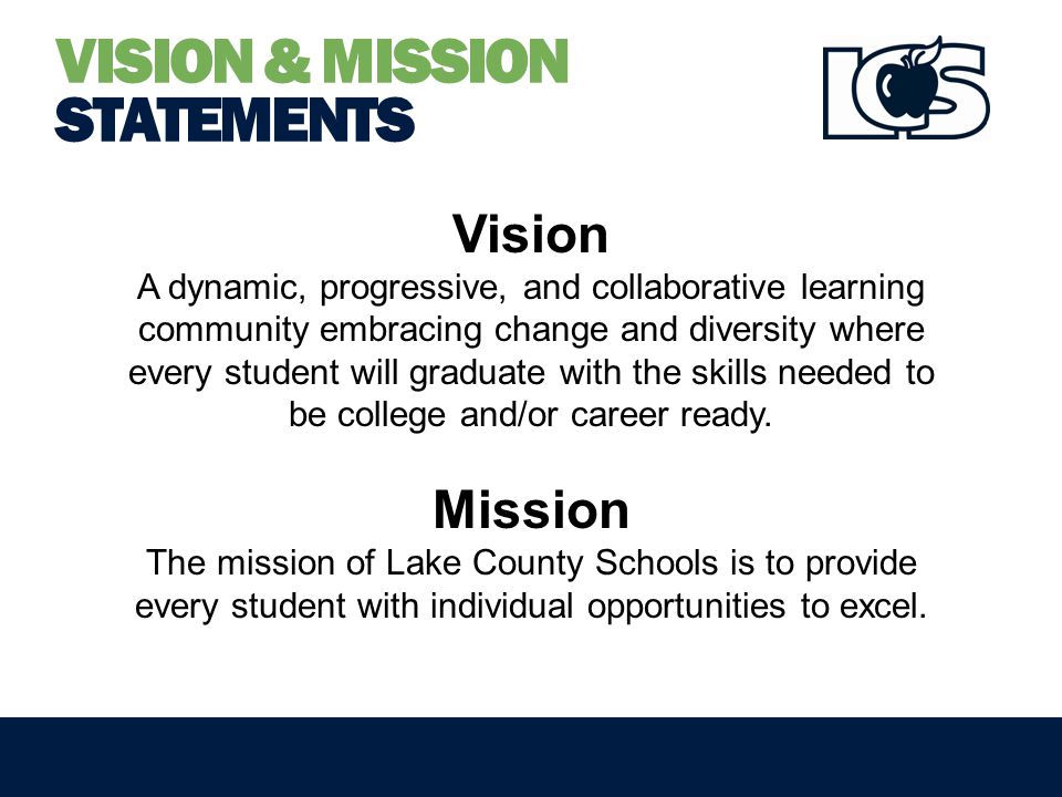 VISION & MISSION STATEMENTS Vision A dynamic, progressive, and collaborative learning community embracing change and diversity where every student will graduate with the skills needed to be college and/or career ready.