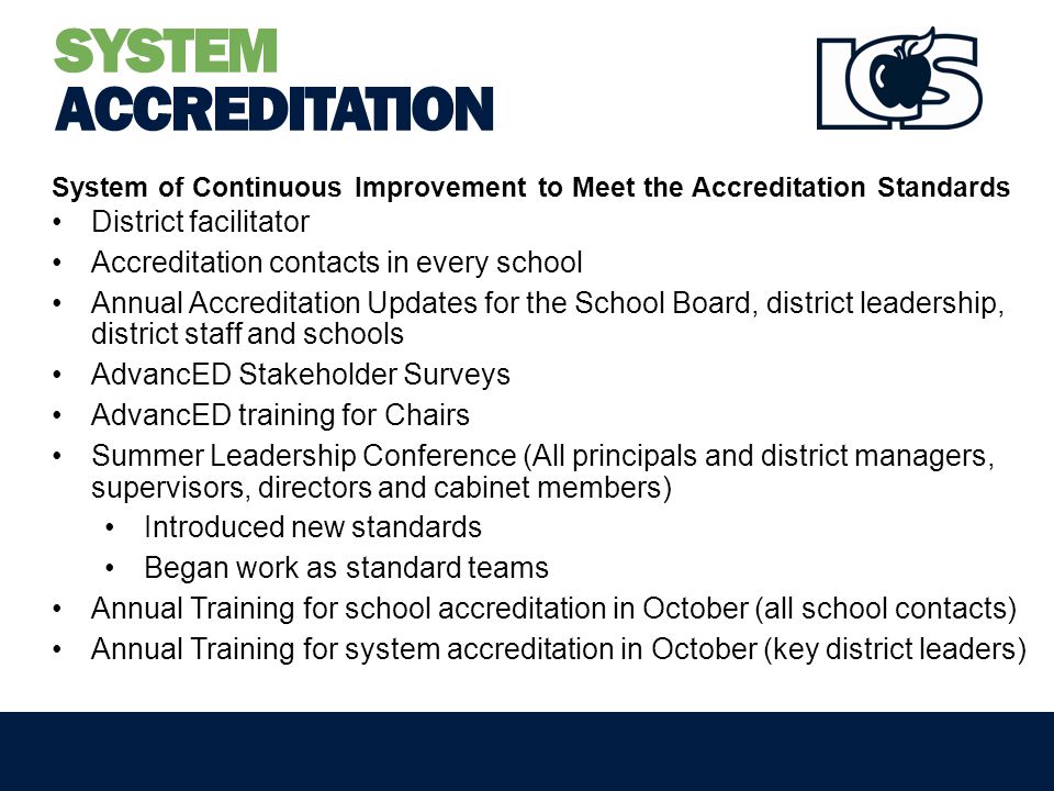 SYSTEM ACCREDITATION System of Continuous Improvement to Meet the Accreditation Standards District facilitator Accreditation contacts in every school Annual Accreditation Updates for the School Board, district leadership, district staff and schools AdvancED Stakeholder Surveys AdvancED training for Chairs Summer Leadership Conference (All principals and district managers, supervisors, directors and cabinet members) Introduced new standards Began work as standard teams Annual Training for school accreditation in October (all school contacts) Annual Training for system accreditation in October (key district leaders)