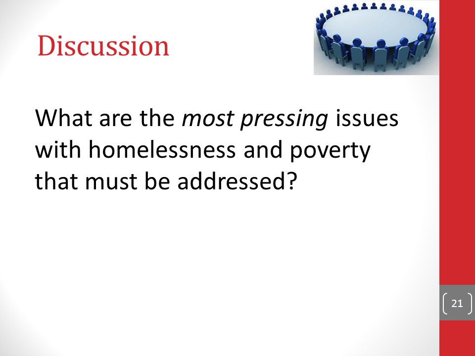 Discussion What are the most pressing issues with homelessness and poverty that must be addressed.
