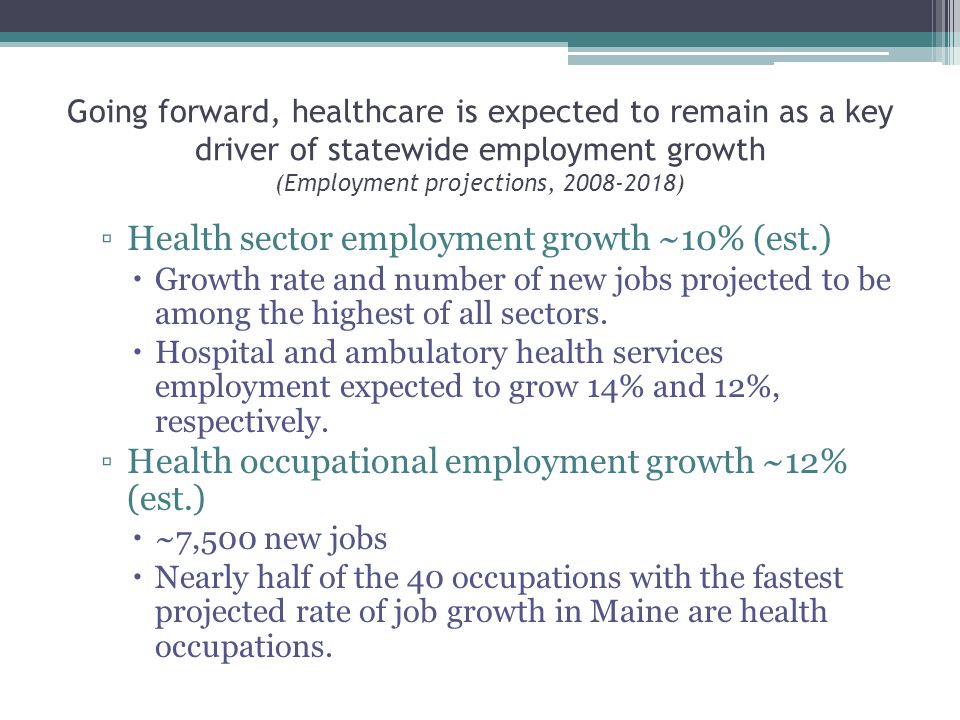 Going forward, healthcare is expected to remain as a key driver of statewide employment growth (Employment projections, ) ▫Health sector employment growth ~10% (est.)  Growth rate and number of new jobs projected to be among the highest of all sectors.