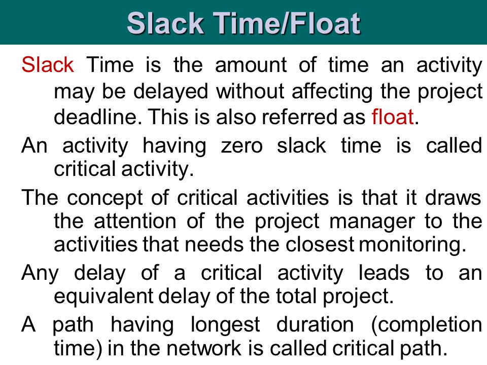 is t Slack Time is the amount of time an activity may be delayed without affecting the project deadline.