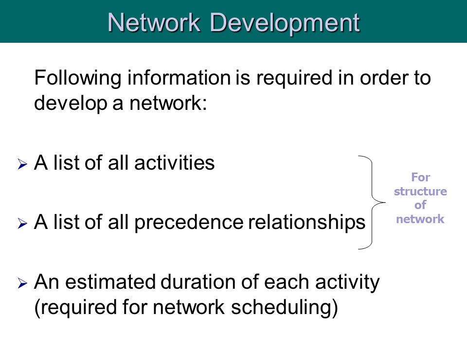 Following information is required in order to develop a network:  A list of all activities  A list of all precedence relationships  An estimated duration of each activity (required for network scheduling) Network Development For structure of network