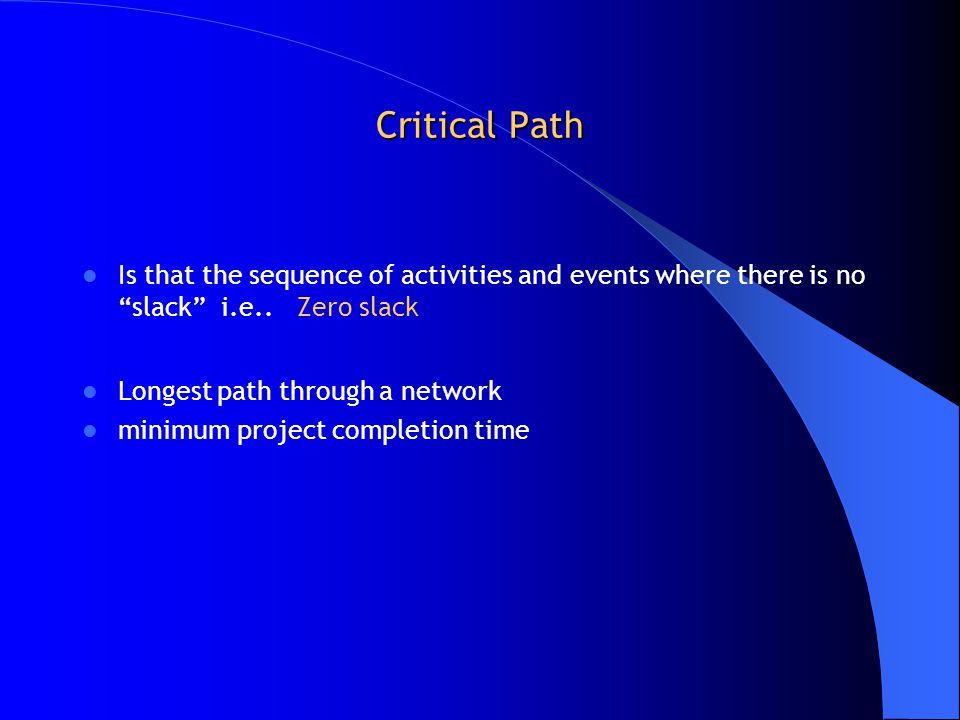 Critical Path Is that the sequence of activities and events where there is no slack i.e..