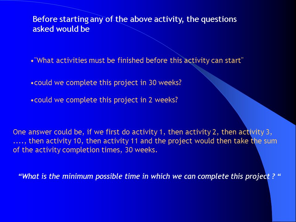 What activities must be finished before this activity can start could we complete this project in 30 weeks.