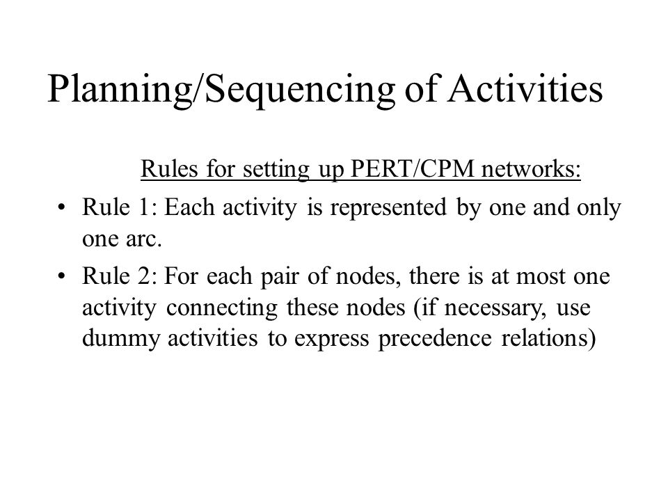 Planning/Sequencing of Activities Rules for setting up PERT/CPM networks: Rule 1: Each activity is represented by one and only one arc.