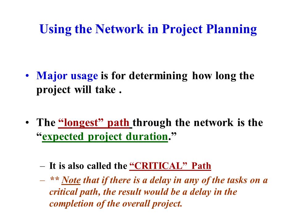 Using the Network in Project Planning Major usage is for determining how long the project will take.
