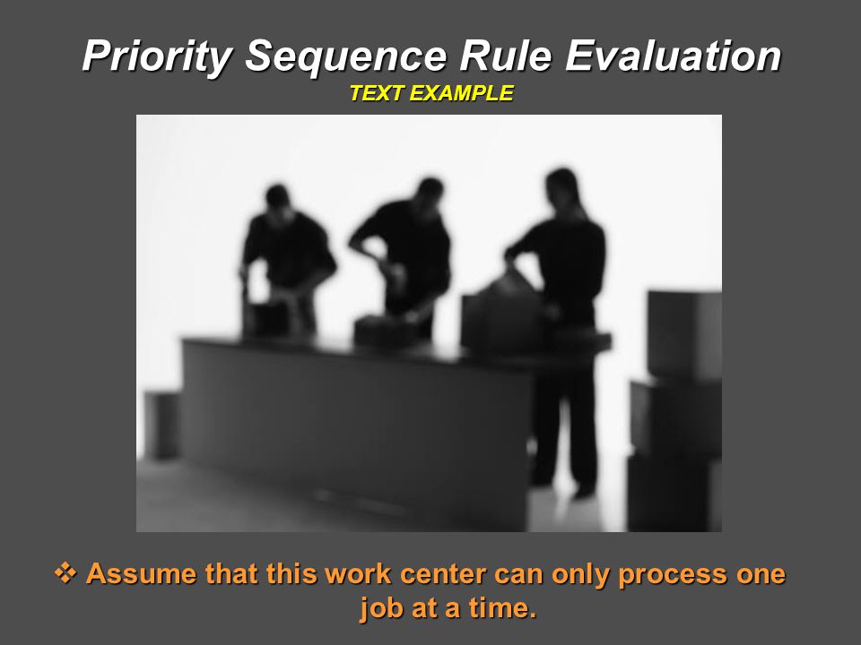 Priority Sequence Rule Evaluation TEXT EXAMPLE  Assume that this work center can only process one job at a time.