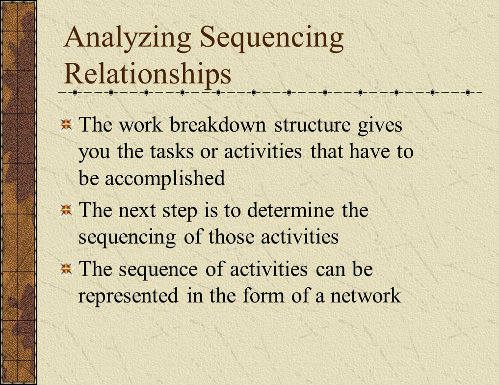 Analyzing Sequencing Relationships The work breakdown structure gives you the tasks or activities that have to be accomplished The next step is to determine the sequencing of those activities The sequence of activities can be represented in the form of a network